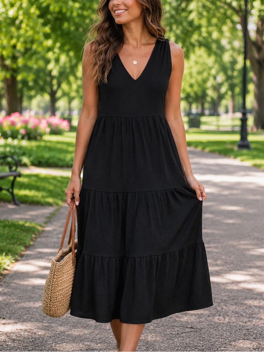 Black Tiered Maxi Dress Sleeveless V Neck Boho Flowy Summer Medium